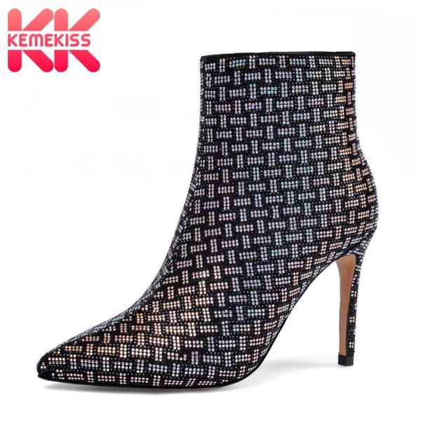 

kemekiss women ankle boots real leather thin heels bling crystal shoes women pointed toe party office footwear size 34-40, Black