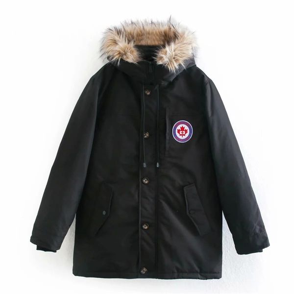 

2021 new winter new women keep warm black hooded zip and button placket cotton clothes female embroidered pattern on chest coat i6d8