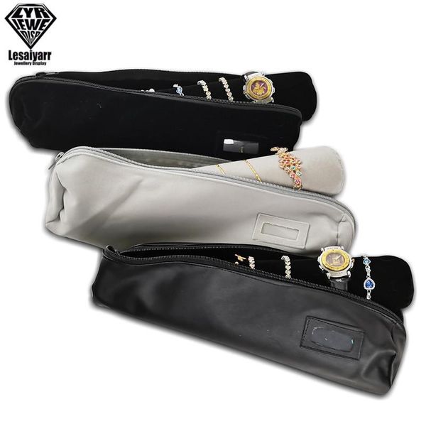 

portable velvet jewelry storage bag jewelry travel roll bag black leather watch bracelet organizer display box, Pink;blue