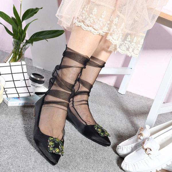 

2020 new women fashion glitter solid soft mesh sock transparent elastic sheer ankle socks women's mesh socks1, Black;white