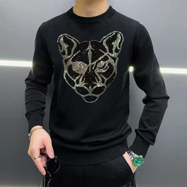 

men's sweaters round neck high-quality sweater with rhinestone animal print pullover cashmere 100% sweatshirt, White;black