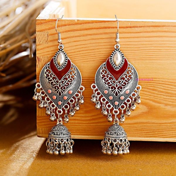

retro exotic water drop love indian birdcage bell pendant earrings, Silver