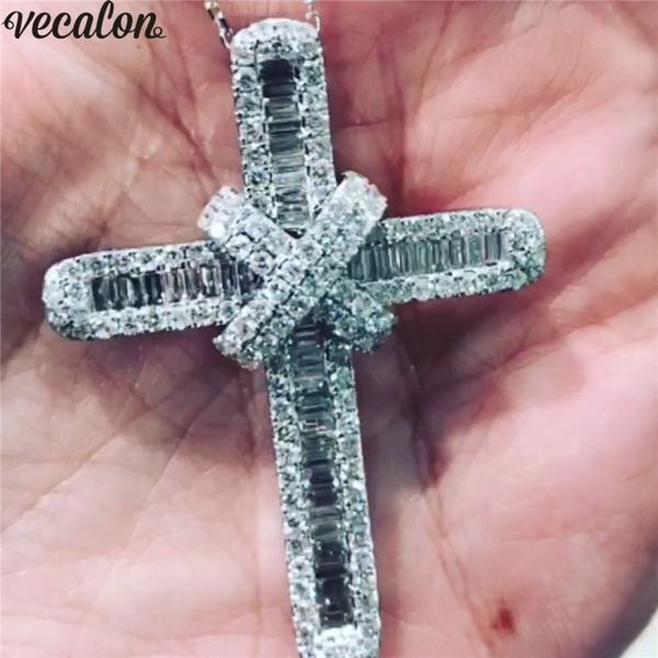 

vecalon unique flower cross pendant 925 sterling silver 5a cz stone cross pendant necklace for women men party wedding jewelryvecalon statem