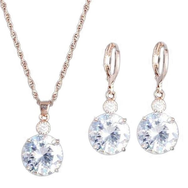 

fashion jewelry set round rhinestone pendant necklace bridal leaverback earrings for women, Silver