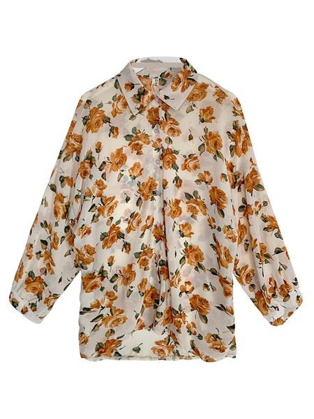 

summer retro hong kong style long-sleeved floral print chiffon blouse women's shirt new 2021 loose sunscreen thin section female, White