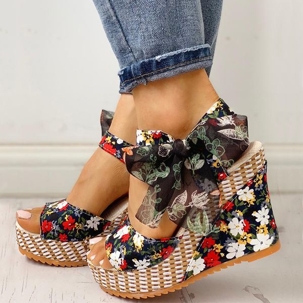 

ins flowers print knot leisure women wedges shoes 2019 summer sandals woman bohemian style party platform high heels shoes woman y200702, Black