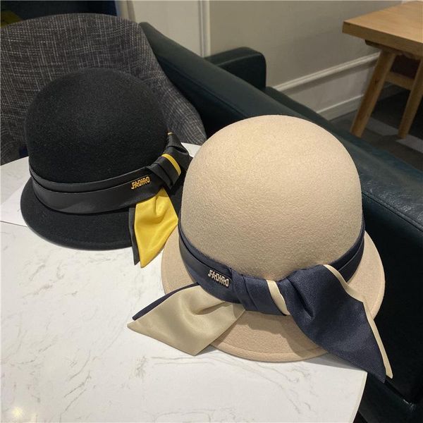 

Wool Vintage Satin Bow Bump Color Ribbon Basin Hat Autumn Winter Hepburn Retro Elegant Wool Fisherman Hat, Blue;gray