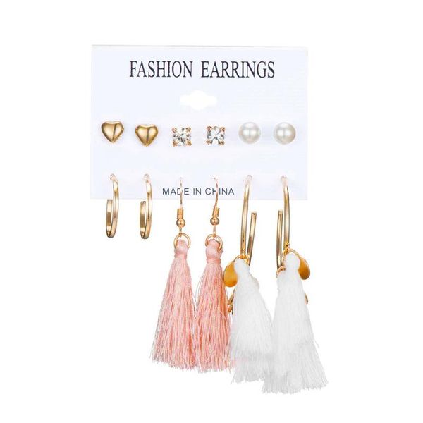 

stud set earrings european and american simple fashion love zircon pearl circle tassel 6 pairs of card outfit, Golden;silver