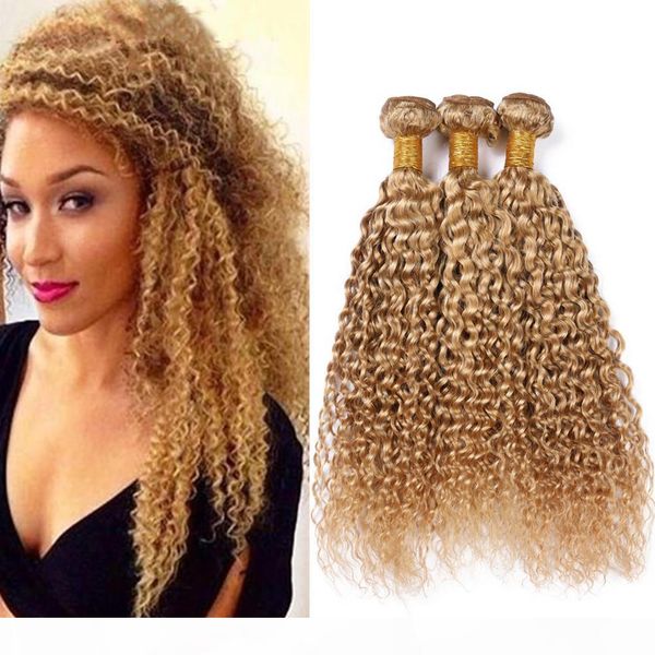 

honey blonde human hair extensions kinkys curly peruvian weaves human hair bundles #27 light brown virgin hair wefts 3 bundle deals, Black