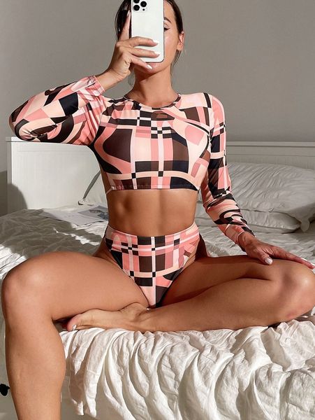 

graphic high neck bikini swimsuit 10kj#, White;black