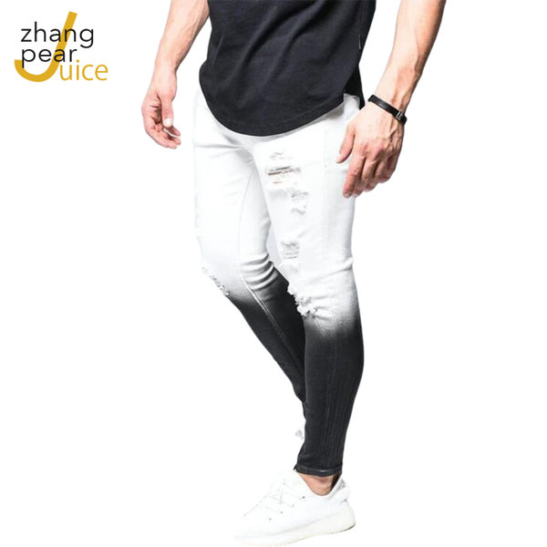 

men's jeans men hole ripped skinny high street style elasticity slim casual denim pants trousers, Blue