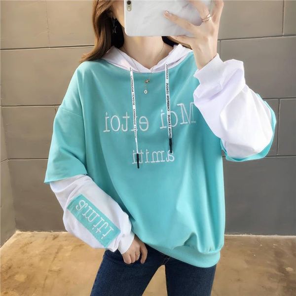 

sweatshirt female korean loose lazy student long sleeved shirt spring and autumn thin section fake two piece hooded jacket, Black