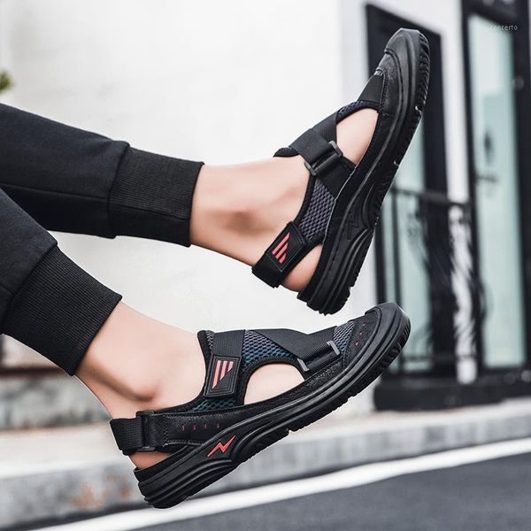

2020 new summer sandals flip flop men breathable leather sandals man flats fashion casual beach slipper men's shoes1, Black