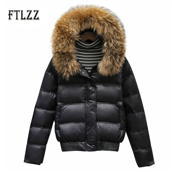 

white duck donw jacket overcoat women winter thicken warm outerwear new fashion hooded hat real fur collar short coats 201209, Black