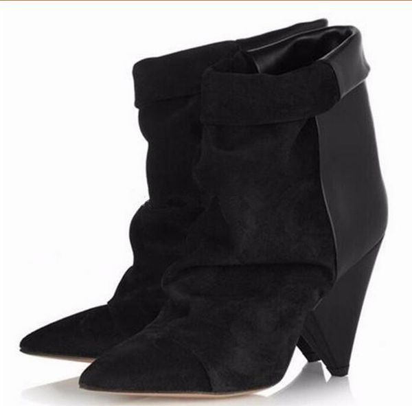 

boots black pleated ankle for women spike high heel fold over pointed toe autumn winter botas mujer wedge shoes woman