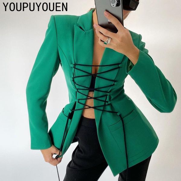 

autumn winter 2021 women long sleeve bandage blazers jacket casual fashion suit ladies elegant solid coat outerwear streetwear, White;black