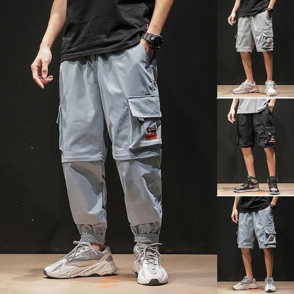 

men fashion streetwear mens jogger pants youth casual summer ankle length cargo trousers loose brand detachable pants leg, Black