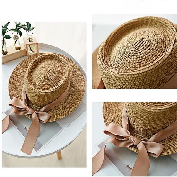 

wide brim hats women fashion summer sun visor girl straw ribbon bow beach casual flat panama bone, Blue;gray
