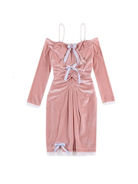 

2021 new le palais original winter autumn of vintage pink velvet plied off the shoulder dressed elastic bow sheath yvjj, Black;gray