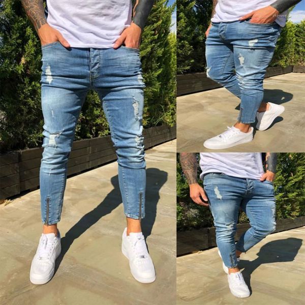 

stretchy cropped pants men brand new destroyed ripped biker jeans casual slim fit skinny pencil pants designer denim trousers1, Blue