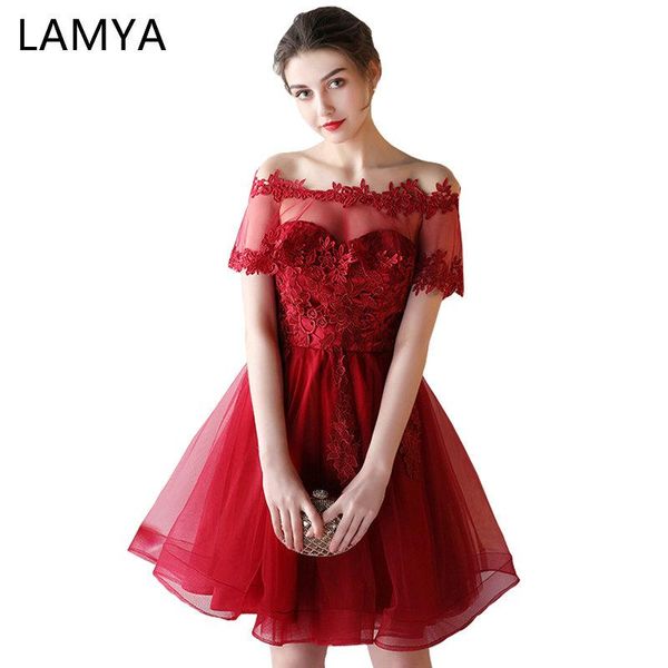 

lamya off the shoulder short ball gown prom dresses 2020 women wine red lace evening party gown lace up vestidos de novia, White;black