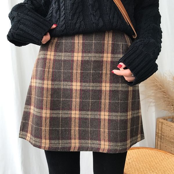 

women's casual skirts japanese kawaii ulzzang vintage plaid high waist a-line skirt female korean harajuku clothing for women t200324, Black