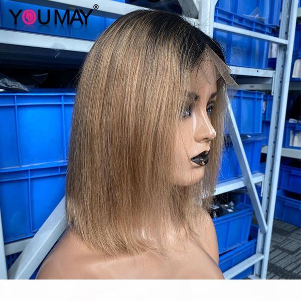 

13x4 ombre 1b27 цветные прямые боб кружева передний парик для женщин 360 кружева фронтальный парик precucked с детские волосы вы можете virg, Black;brown