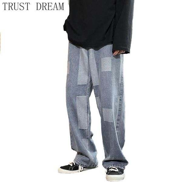 

men straight jeans patchwork pattern loose two styles streetwear high street hip hop skateboard male baggy denim clothing, Blue
