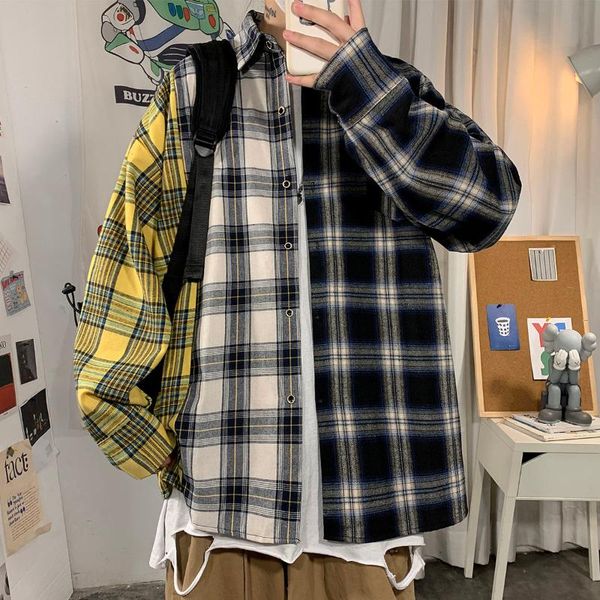 

men's casual shirts long-sleeved 2021 spring autumn plaid loose lapel contrast stitching large size -5xl youth men, White;black