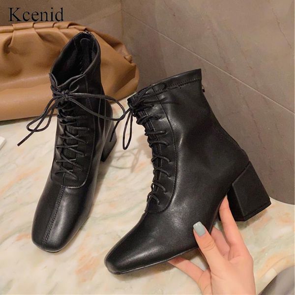 

kcenid soft pu leather women ankle boots fashion cross-tied zipper motorcycle boots female chunky heel autumn winter shoes woman, Black