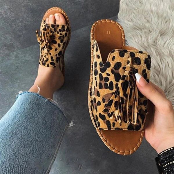 

summer women's slippers vintage sewing flat slides ladies fashion leopard shoes woman casual light tassel female sandals 2020 #1s5n, Black