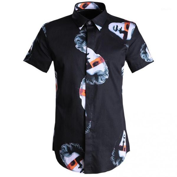 

men shirt luxury human head allover printing short sleeve fashion casual slim fit mens dress shirts plus size1, White;black