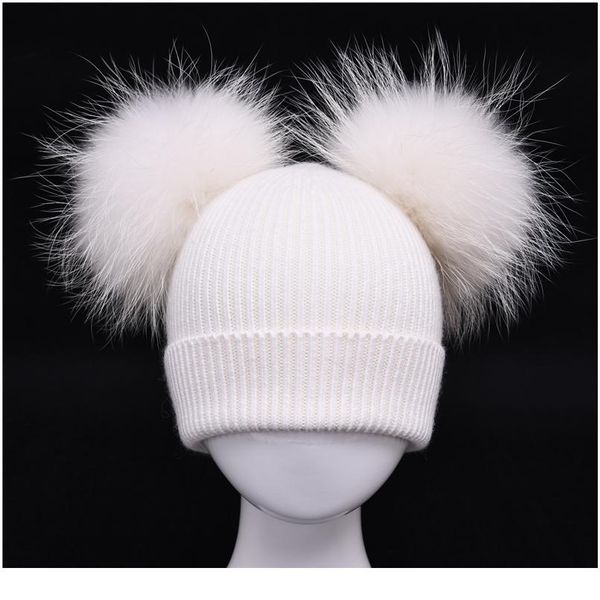 

children's winter toddler baby kids cashmere knitted hat beanie with 2 double real fur pom poms ears hat for boys a qylvgo, White