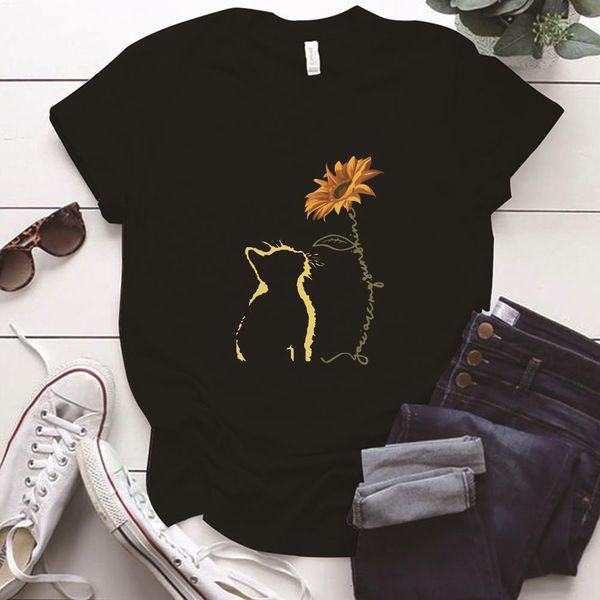 

cat sunflower printed women funny tshirts round neck loose female s-5xl plus size woman shirts clothing camiseta mujer, White