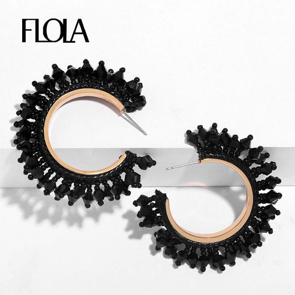 

FLOLA Handmade Beaded Black Hoop Earrings for Women Round Crystal Beads Earrings Statement Bohemian Jewelry oorbellen ersr46, Golden;silver