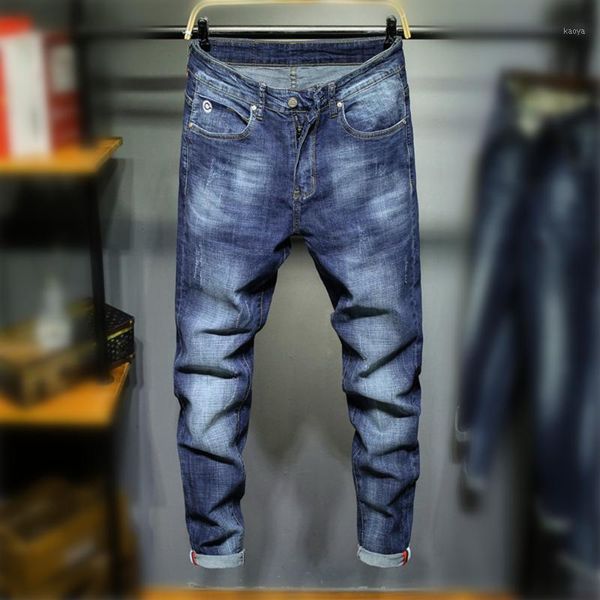 

new jeans men cotton stretched jeans pants straight slim fit denim trousers men's brand calca masculina washed jean pants1, Blue