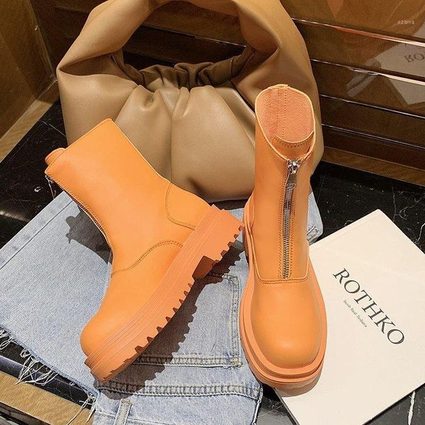 

boots fashion front zipper platform ankle for women thick bottom waterproof pu leather botas mujer punk style shoes woman1, Black