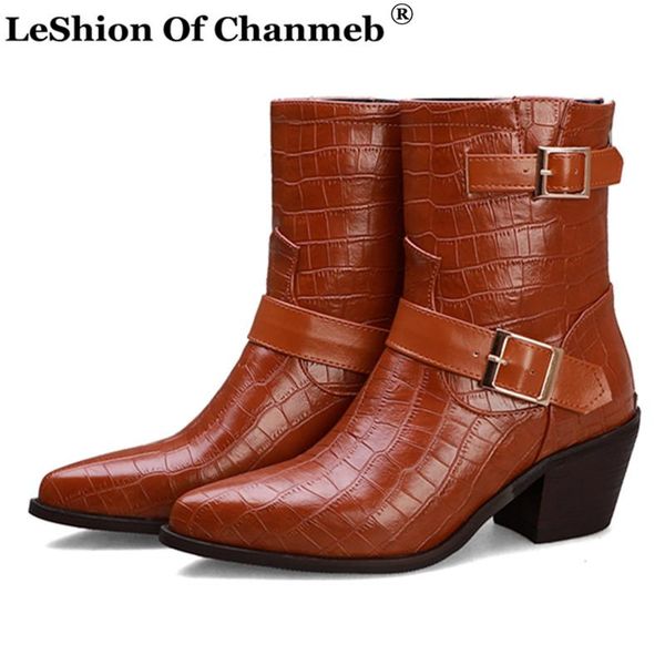 

women ankle boots chunky heel zip shoes comfortable female buckle strap shoes retro stone pattern pu leather autumn dropshipping, Black
