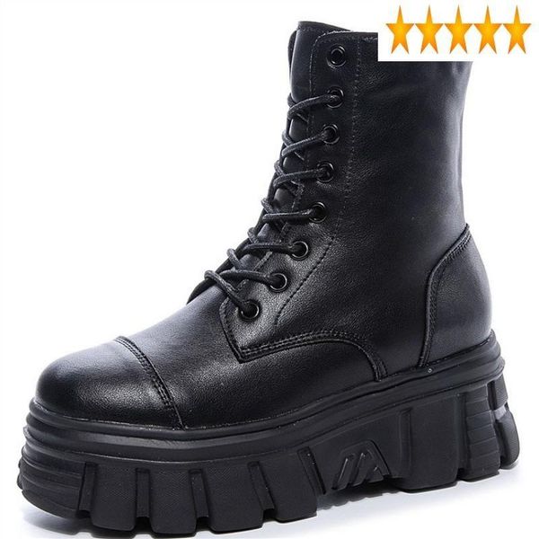 

boots women thick platform ankle leather motorcycle shoes punk round toe lace up high footwear winter fleece lining, Black