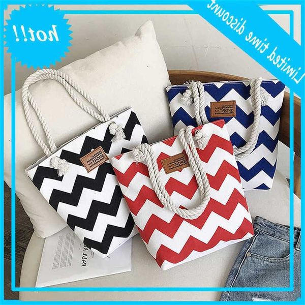 

summer fashion wave stripe canvas thick rope women's portable one shoulder beach bag