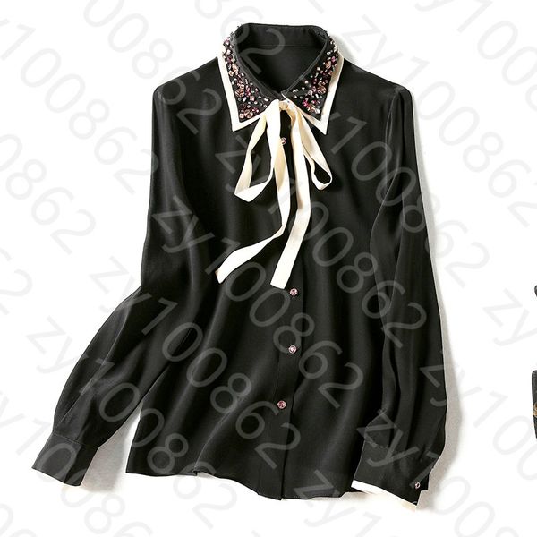 

2021 spring long sleeve lapel neck black / khaki contrast color natural real silk ribbon tie bow beaded soie blouse elegant shirt wd28292, White