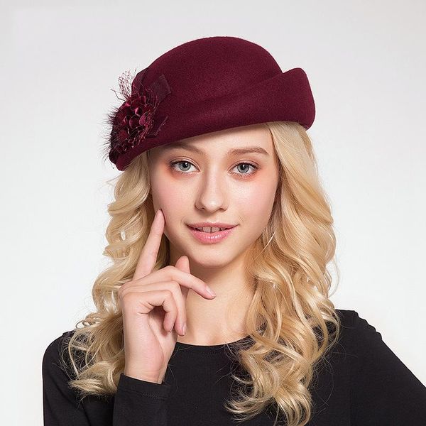 

4 colors to choose from autumn winter wool flowers decorated small hat ladies english elegant beret, Blue;gray