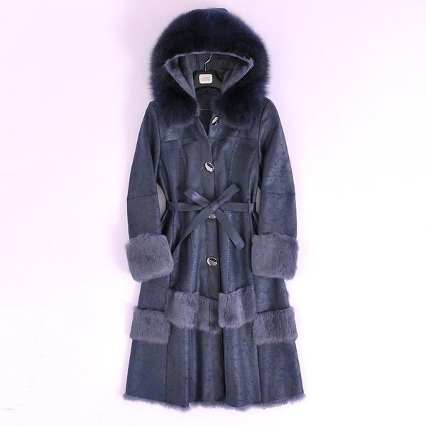 

coat natural fur female long vintage real fur hooded shearling jacket women korean double faced coats 09711, Black