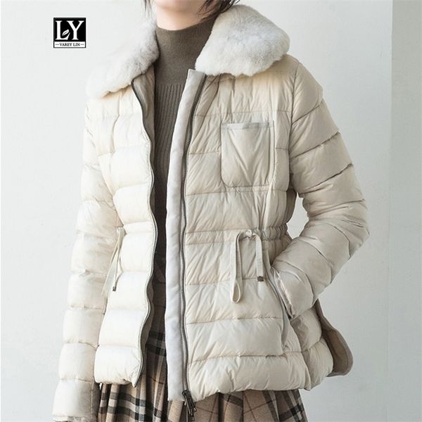 Vara Lin Winter Women Ultra Light 90% Branco Duck Down Parka Quente Grande Cabelo Real Coelho Pele Down Jacket Faixa de Casacos 201102