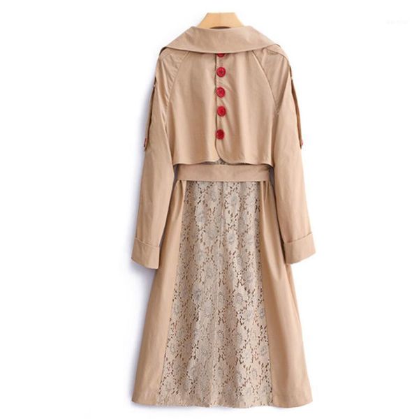 

2020 new fashion spring trench coat women runway designers full sleeve lace patchwork long trench overcoat female outerwear1, Tan;black