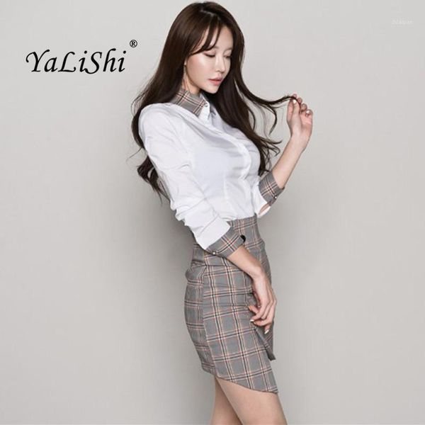 

two piece dress 2 set elegant women suit 2021 white patchwork blouse and plaid asymmetrical skirts crop skirt sets vestidos1