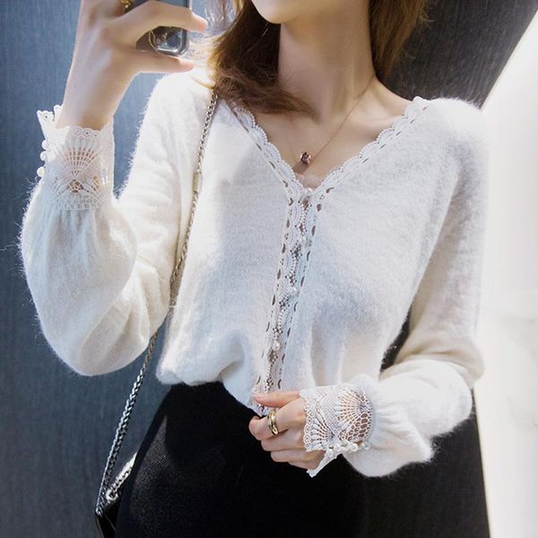 

women's knits & tees women sweater spring wool lace button v-neck cardigan, White