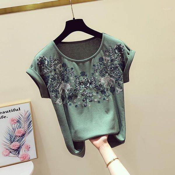 

2020 summer retro embroidered tshirt women new round collar curly cuff short-sleeved t-shirt casual tshirts lady femme tees1, White