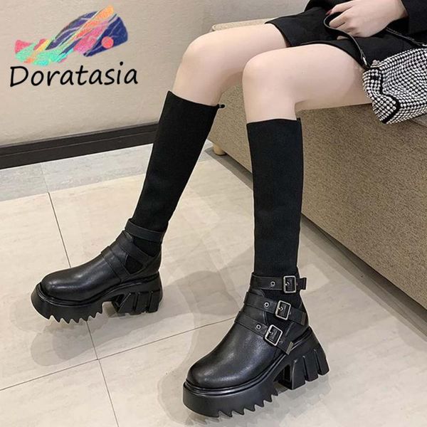 

doratasia ins hit sale women solid platform non-slip mid calf shoes buckle thick bottom cool winter boots women boots, Black