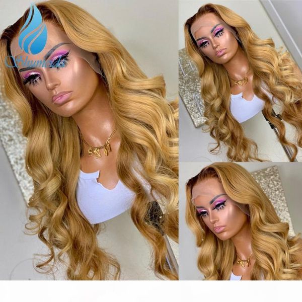 

smd ombre honey blonde color 13*6 lace front wigs baby hair peruvian remy human hair wigs body wave pre plucked bleached knots, Black;brown